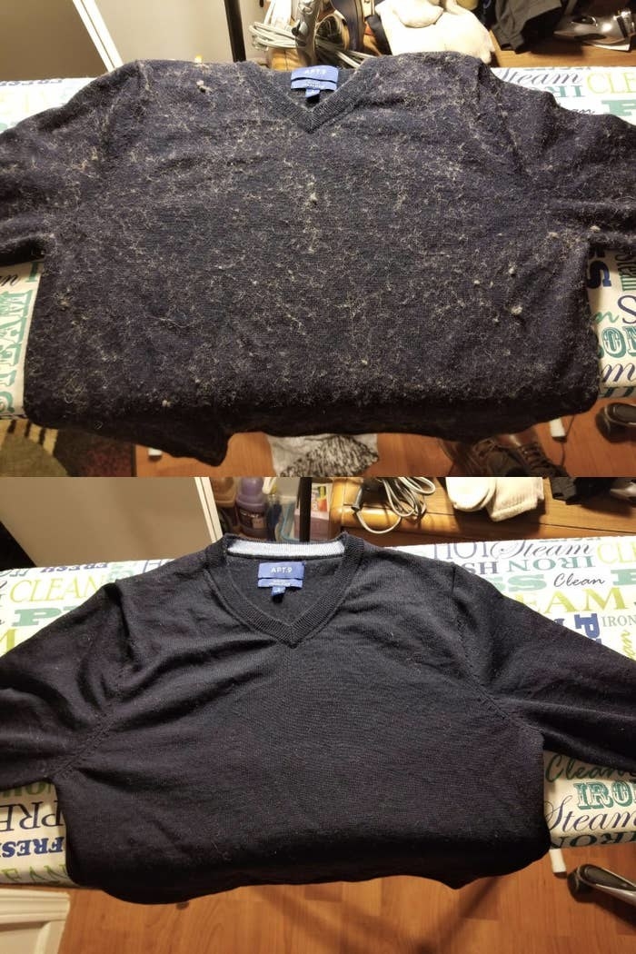 on top, a reviewer&#x27;s sweater covered in pilling and lint, on the bottom the shaved sweater looking smooth and clean again