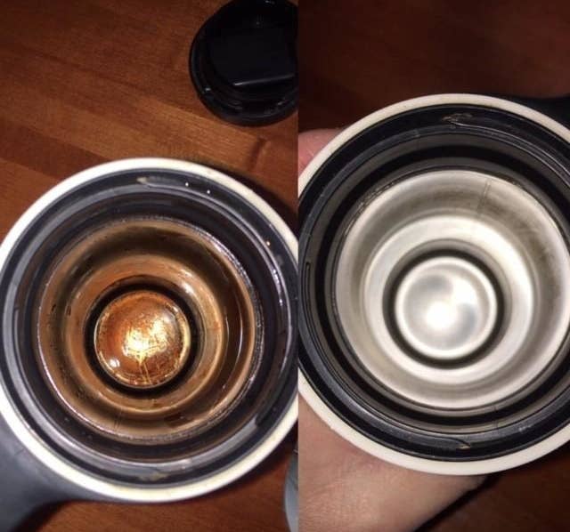 Reviewer image showing a dirty cup before using the tablets and a clean cup after using the tablets