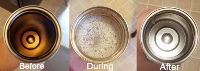 reviewer&#x27;s progression photos showing a dirty travel mug stained brown, then the mug with suds in it after the tablet dissolved, and then a sparkly clean mug