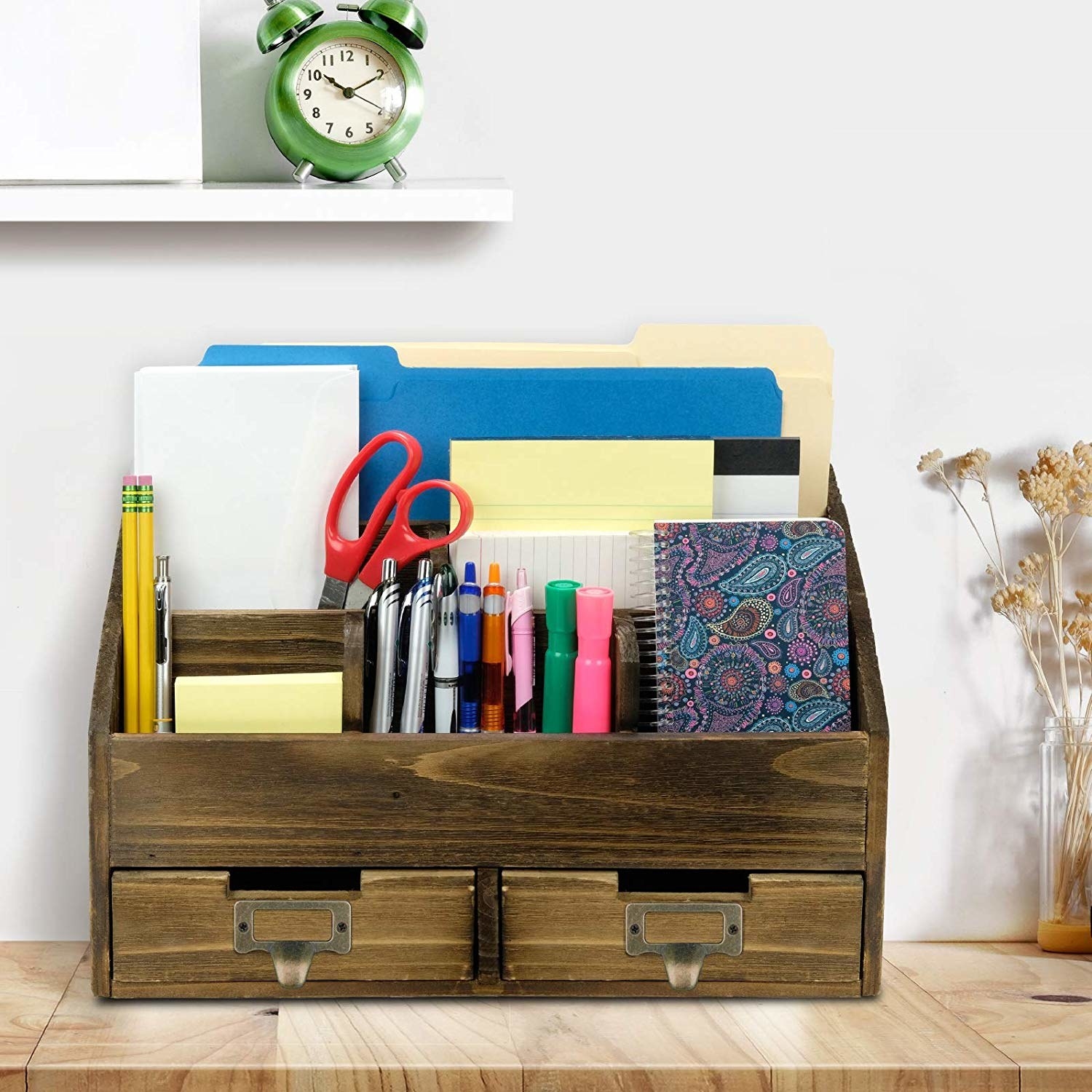 Wooden Office Desk Organizer - Rustic Wood Desk Organizer for Office  Supplies, Mail, or Books