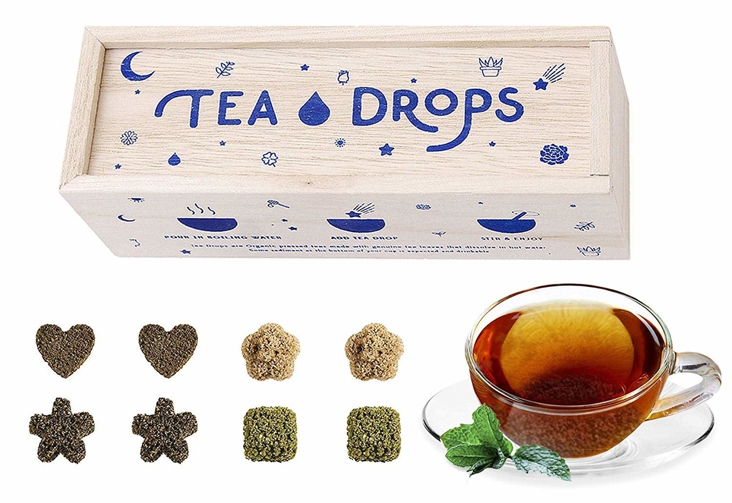 the gift box plus the tea drops in different shapes like flowers and hearts