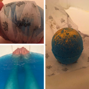 A blue bath bomb wrapped and unwrapped and a reviewer's feet in blue tub water