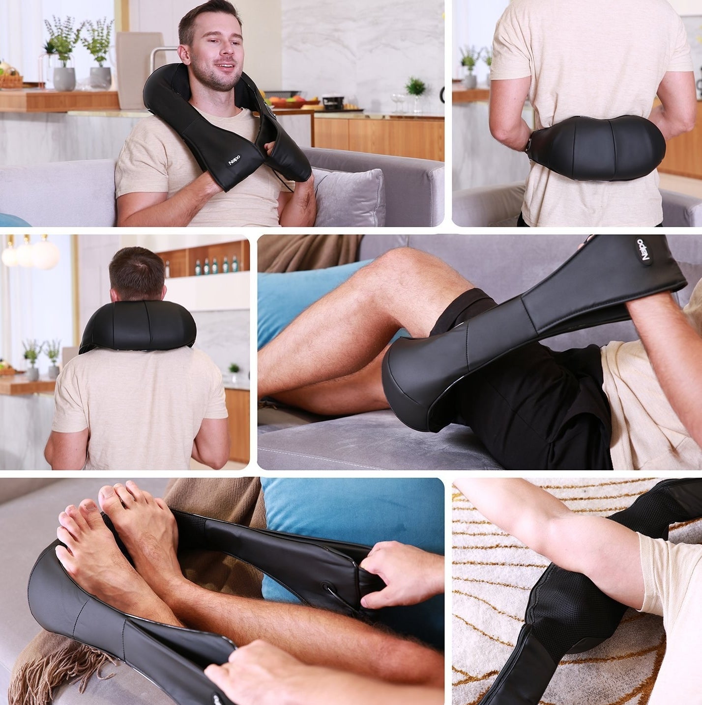 A model using the U-shaped massager on their neck, back, thighs, biceps, and feet