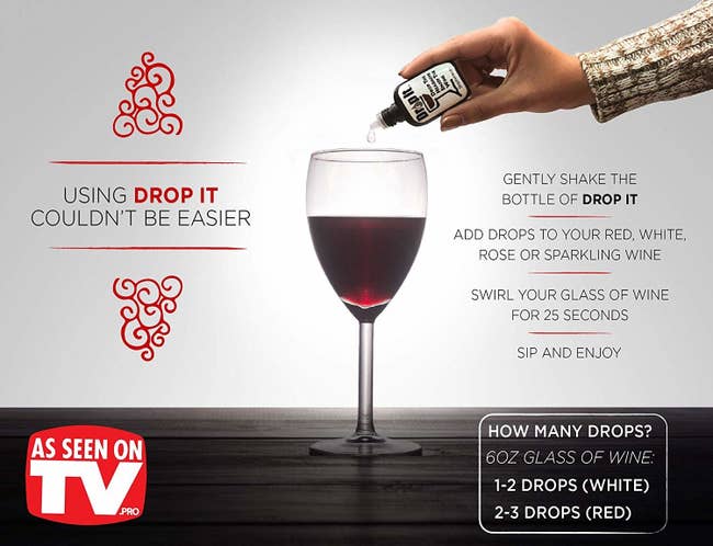 Person dropping liquid into wine with graphics describing the need to shake before use and add certain drops per drink 