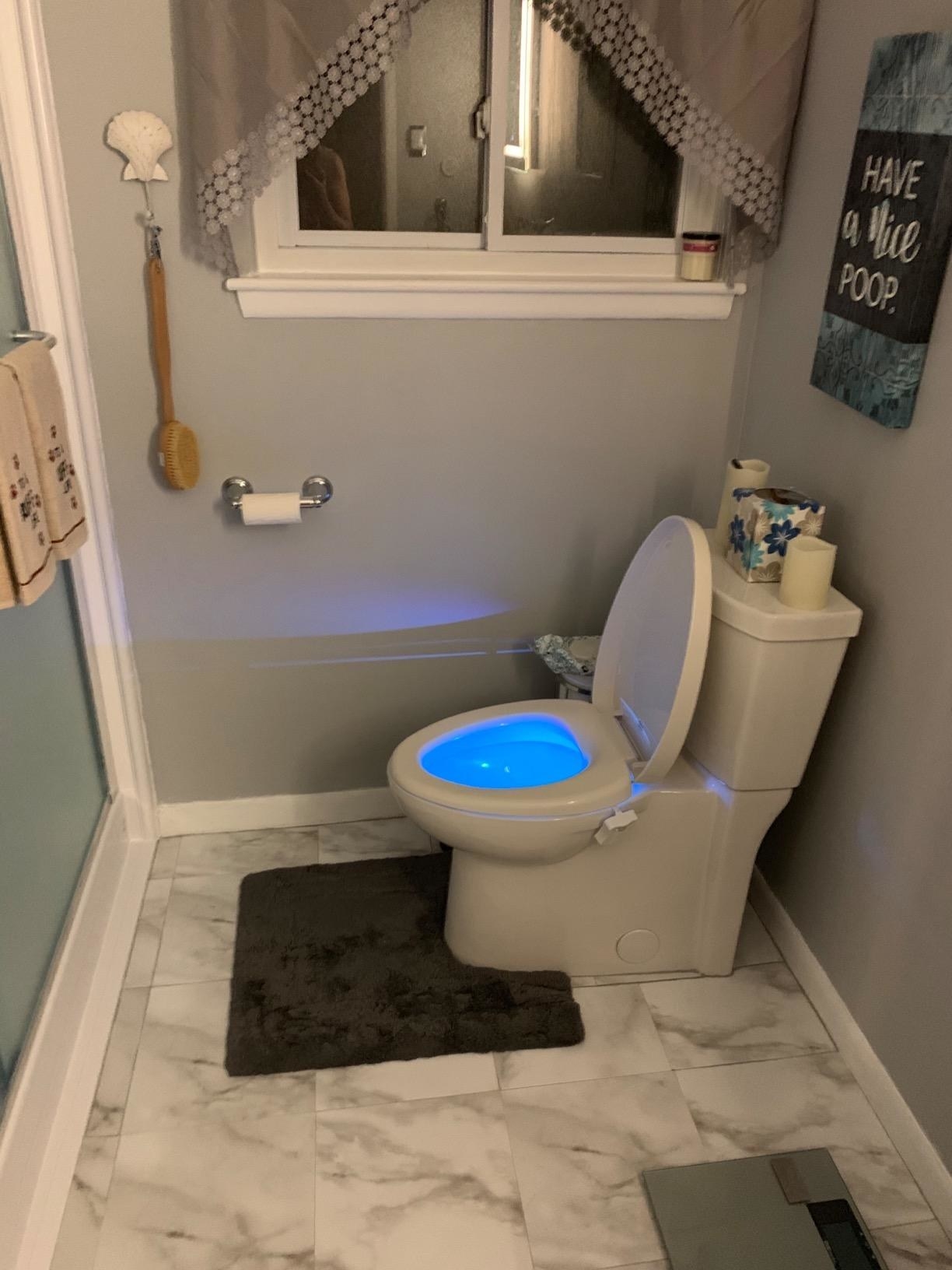 The light inside a toilet bowl glowing blue