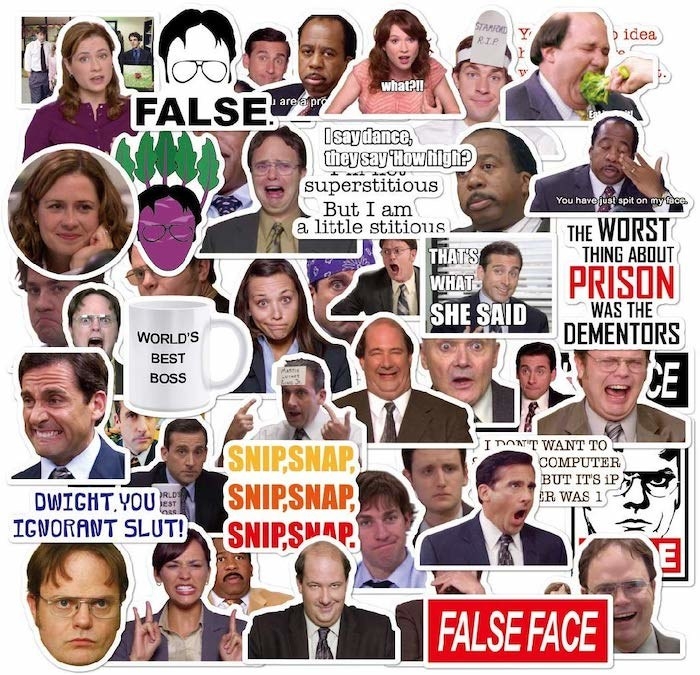 bunches of stickers of cast members of &quot;The Offic&quot; TVshow and quotes from th show