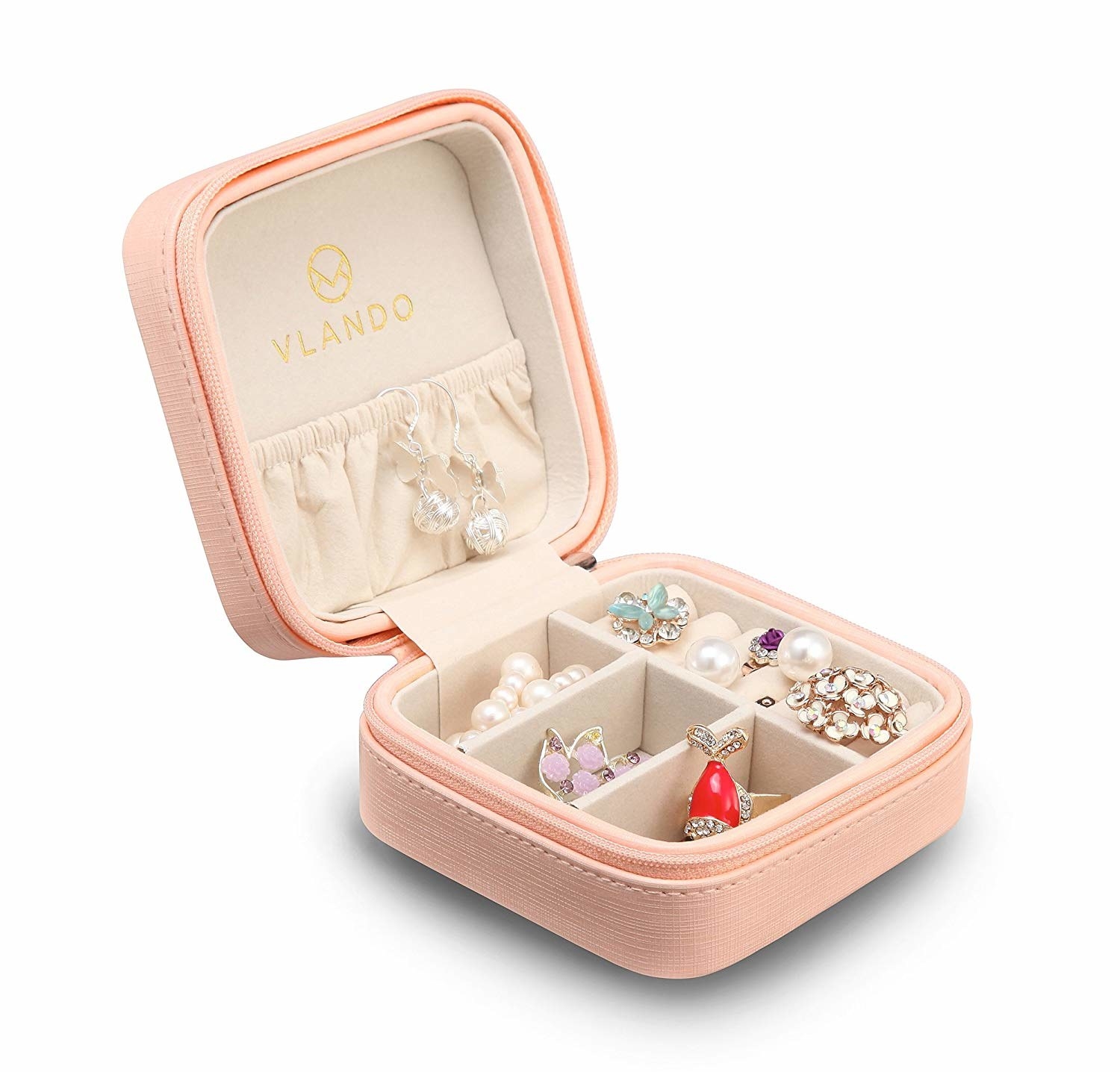 compact square zip-open jewelry organizer with small compartments within