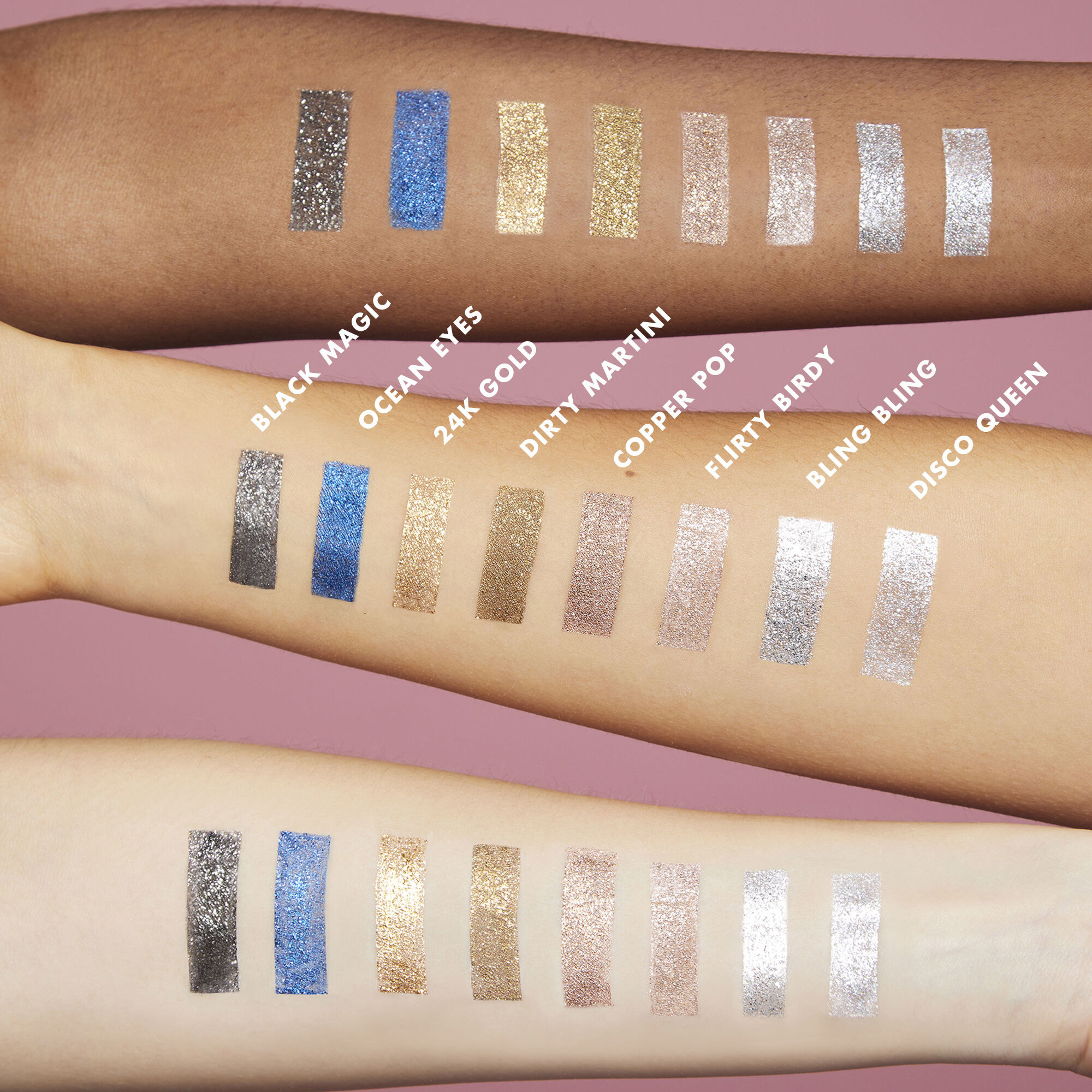 Swatches of the shades, all metallic, including black, blue, gold, rose gold, and silver