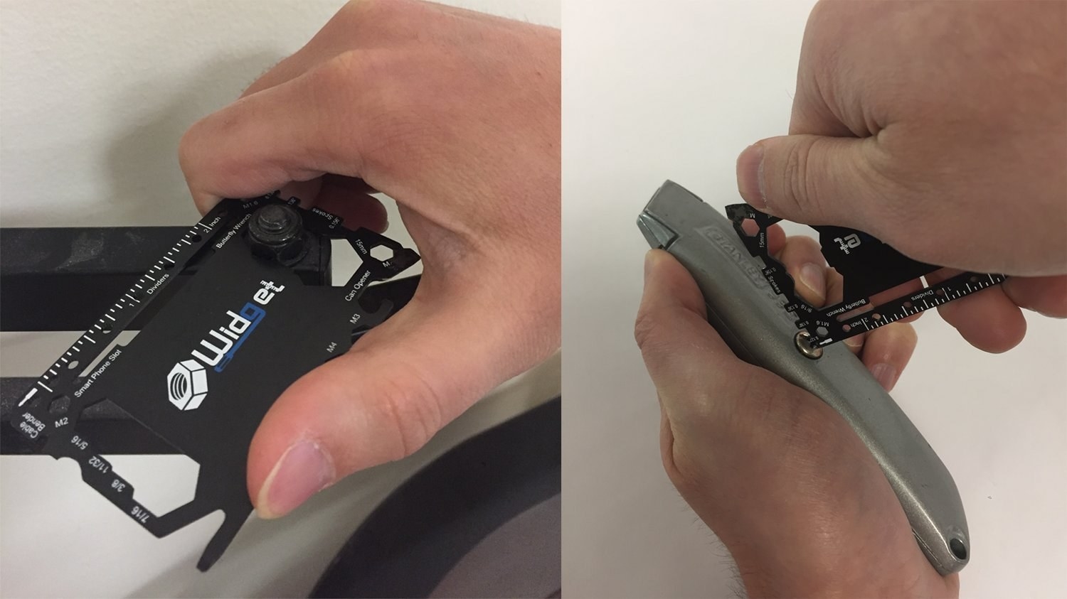 model holding the credit card-shaped tool on the left and the same model using the tool as a screwdriver on the right