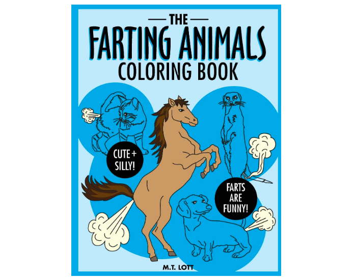 The cover of the colouring book with a farting dog, cat, weasel, and horse on it