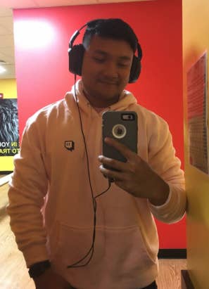 a reviewer in the pink hoodie