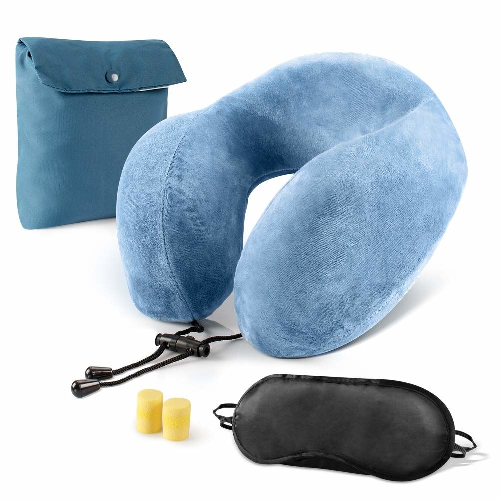 A memory foam cushion with ear plugs and an eye mask
