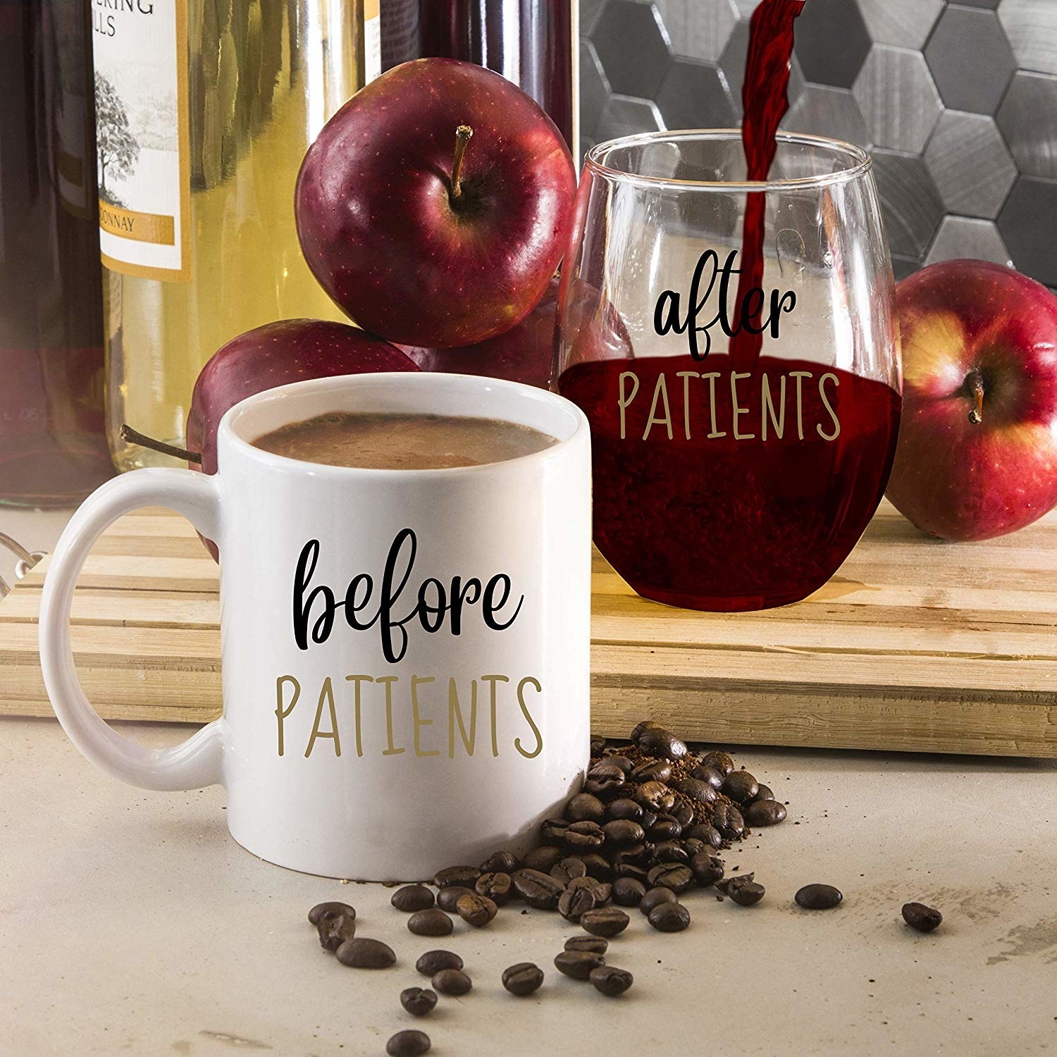 coffee mug that says &quot;before patients&quot; and wine glass that says &quot;after patients&quot;