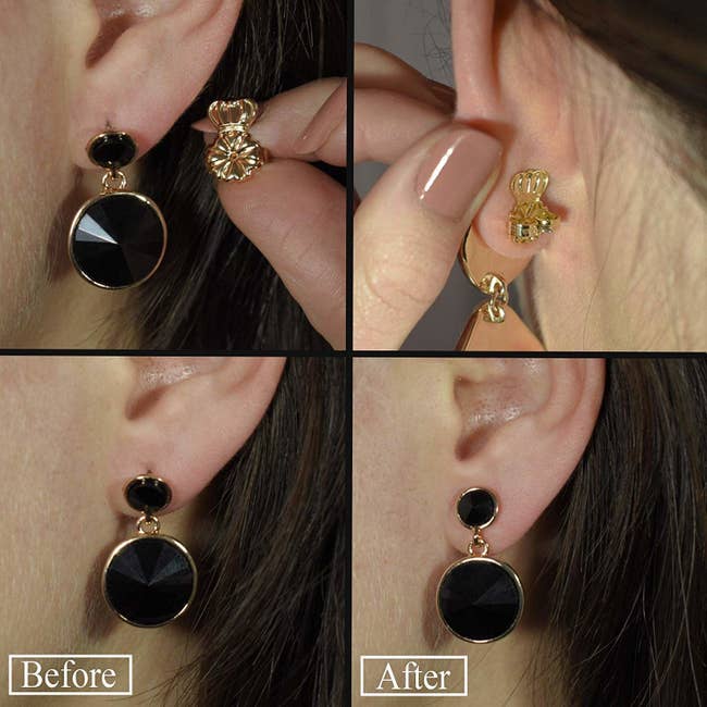 showing the difference between a heavy earring without and then with the lifter