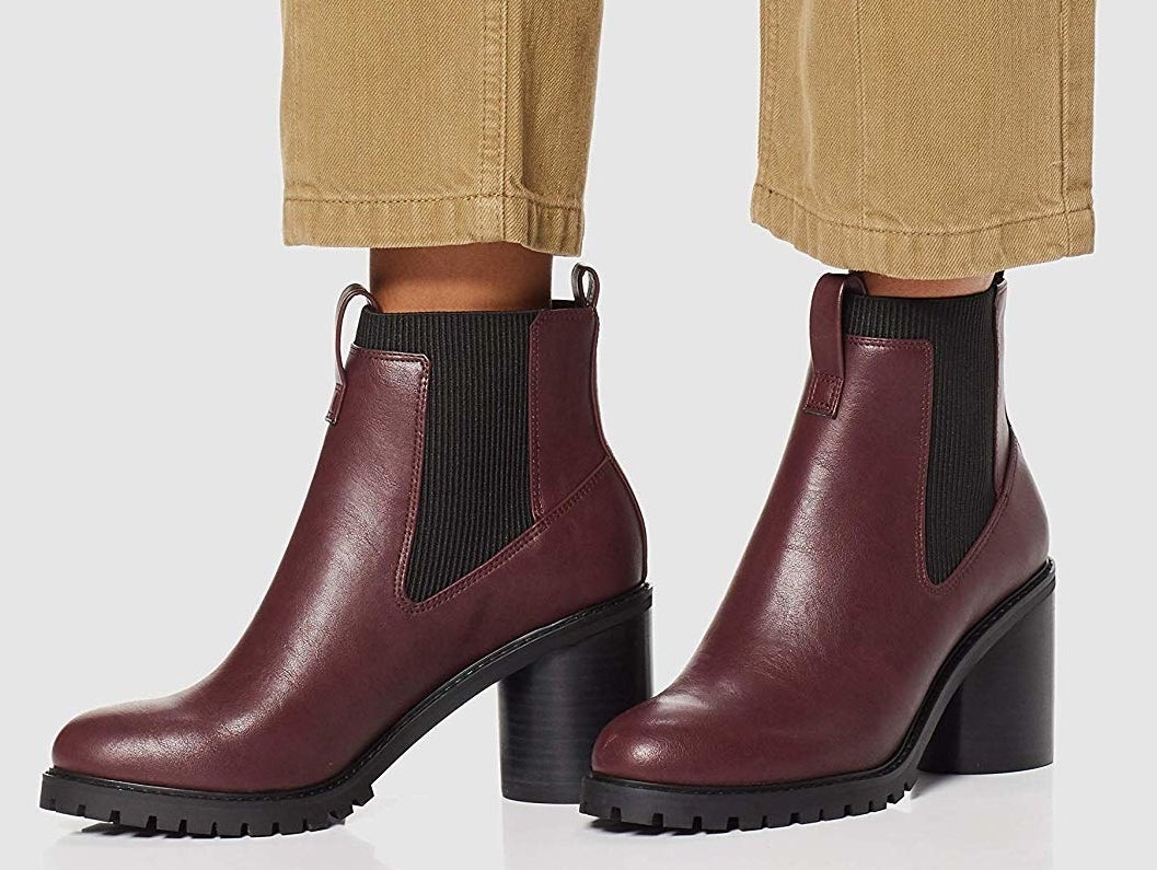 burgundy pull-on chelsea boots with black siding and block heel 