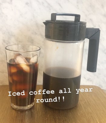 Maitland's takeya cold brew maker with a glass of cold brew next to it and text that reads 