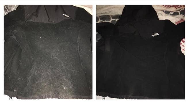 A reviewer's black clothing in two photos: covered in white pet hair on the left, and completely hair-free on the right