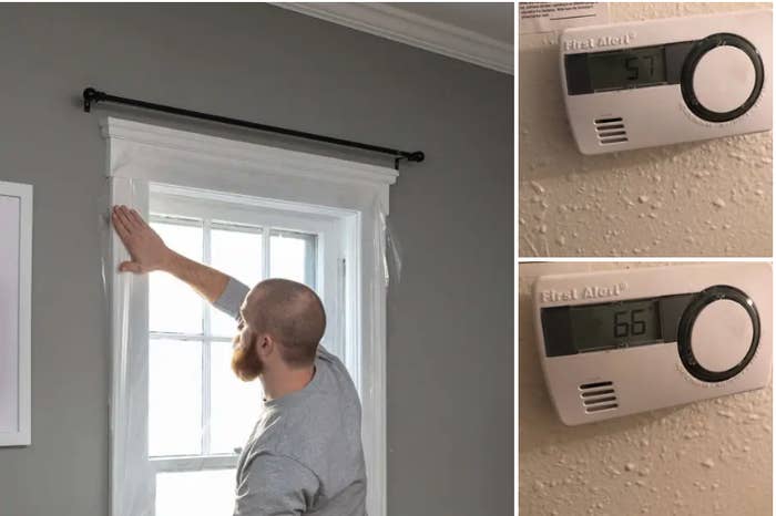 A model applying the clear insulation around a window, plus two reviewer photos showing the thermostat up 9 degrees thanks to the insulation retaining heat