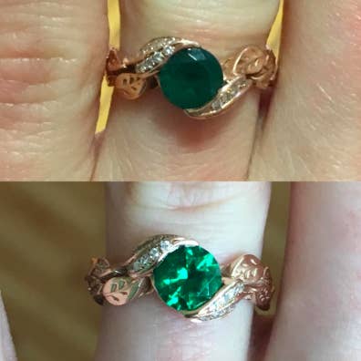 reviewer pic of dim, not bright ring with emerald on it, then after pic of the gleaming clean ring