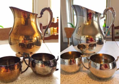 reviewer's pic of heavily tarnished pitcher and cups, then the same looking silver after using the wipes