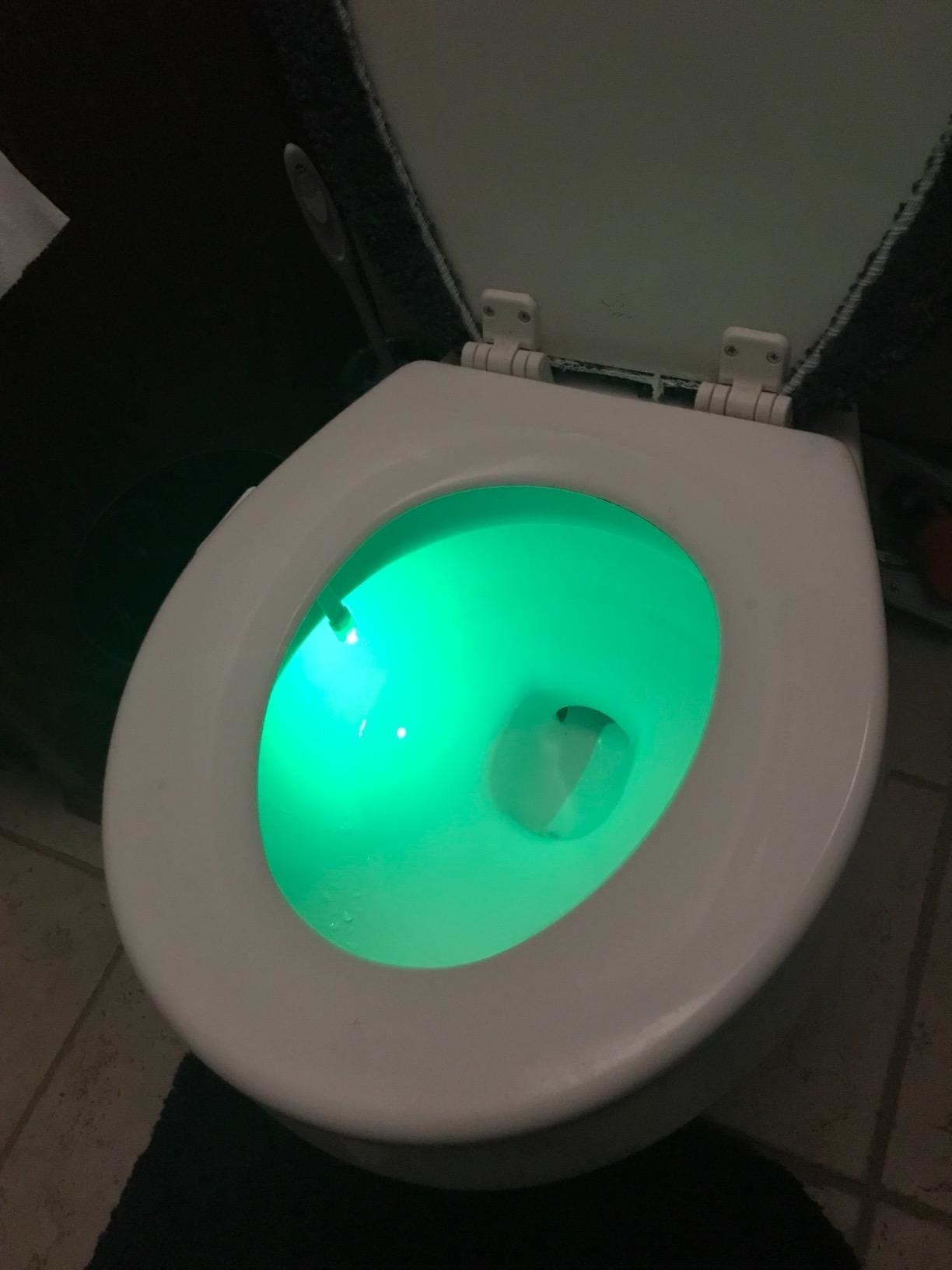 A reviewer&#x27;s toilet bowl glowing green in the dark