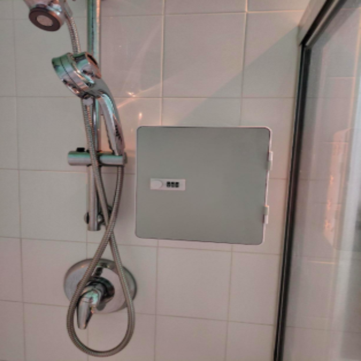 Reviewer photo of the locker in a shower with the door closed