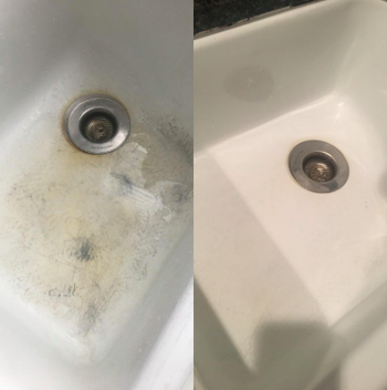 white porcelain sink with dark stains and then the same sink clean
