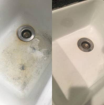 white porcelain sink with dark stains then the sink completely clean