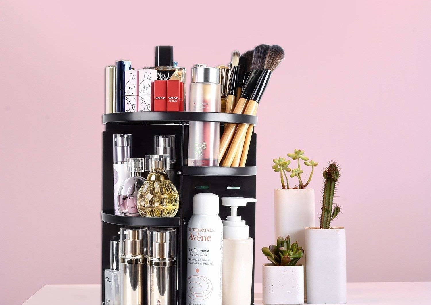 A multi-tiered shelf filled with beauty products 