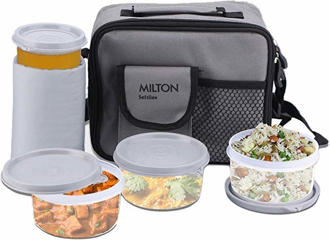 Lunch bag with 3 containers and a water bottle.