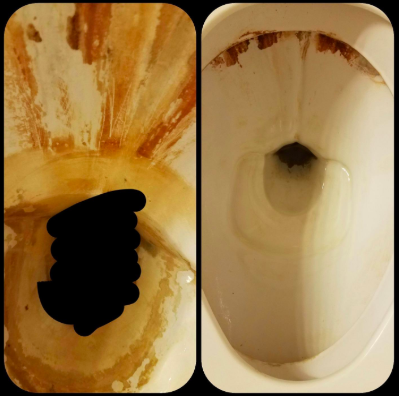 before pic of nasty looking stained toilet bowl then the same toilet bowl looking completely clean and new thanks to the pumice stone cleaning