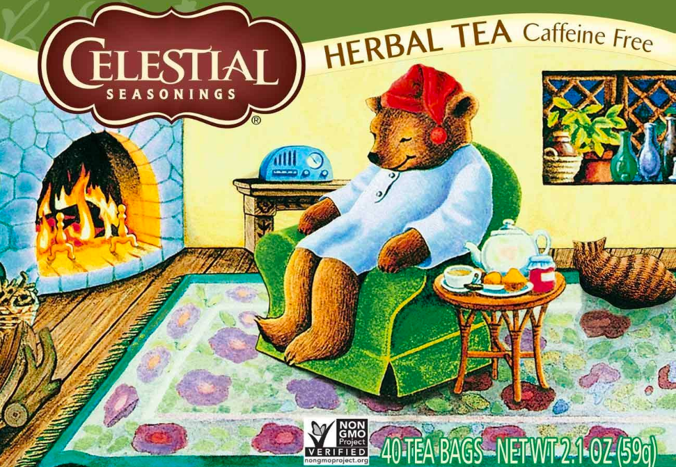Box of tea with illustrated sleeping bear on front 