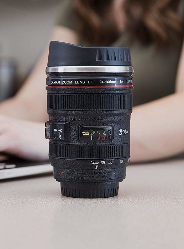 travel mug that looks like a professional camera lens (like a Canon)