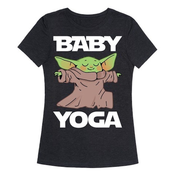 black t-shirt with Baby Yoda on it with the words &quot;Baby Yoga&quot; in white