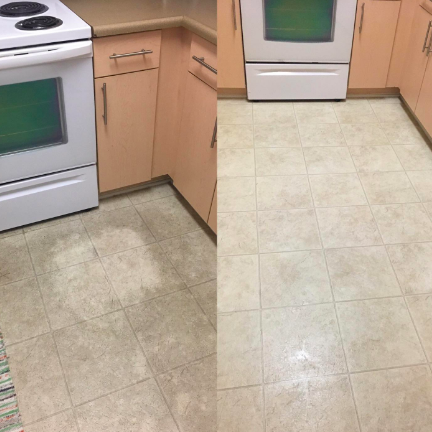 Reviewer&#x27;s tile floor smudged and dark all over with small circle of scrubbed floor beside an after photo where the entire floor is so clean it&#x27;s a different color