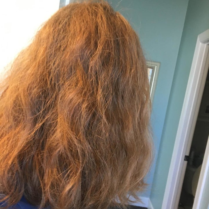 A reviewer's wavy, frizzy hair before using the hot air brush 