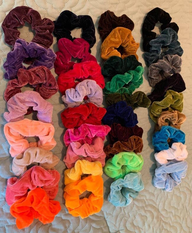 A bunch of scrunchies in various colors.