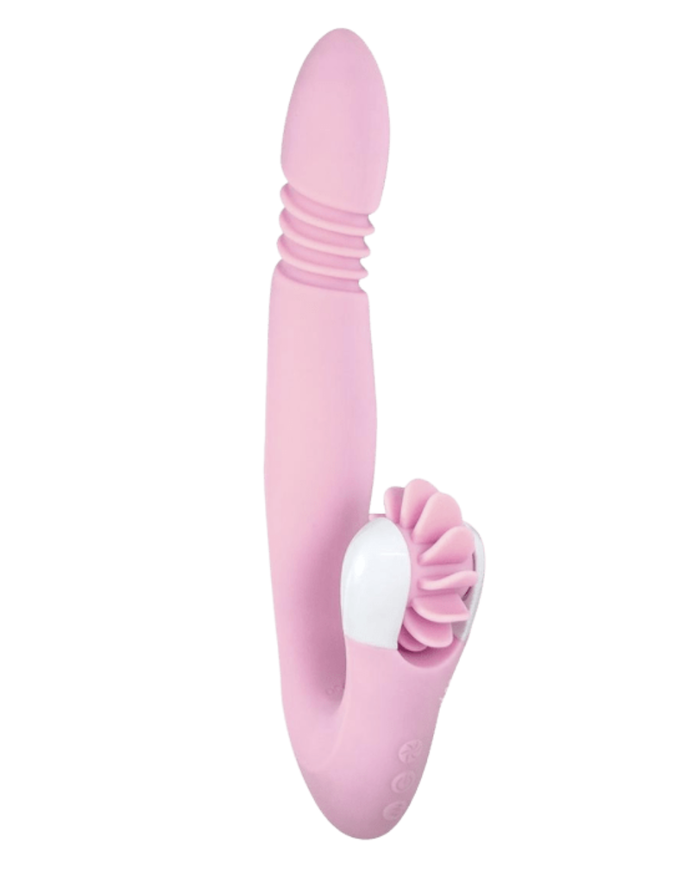 a vibrator that&#x27;s shaped like a penis on one end (with ridges just under the &quot;tip&quot;) on one end and that has a wheel on the other end.