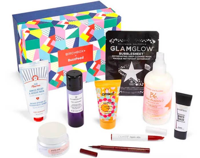 A shot of the shoebox-sized packaging and several beauty products found in the box