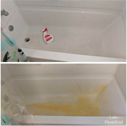 Below, a tub covered in orange rust stains. Above, the tub with the stains almost entirely gone with the spray bottle of the product