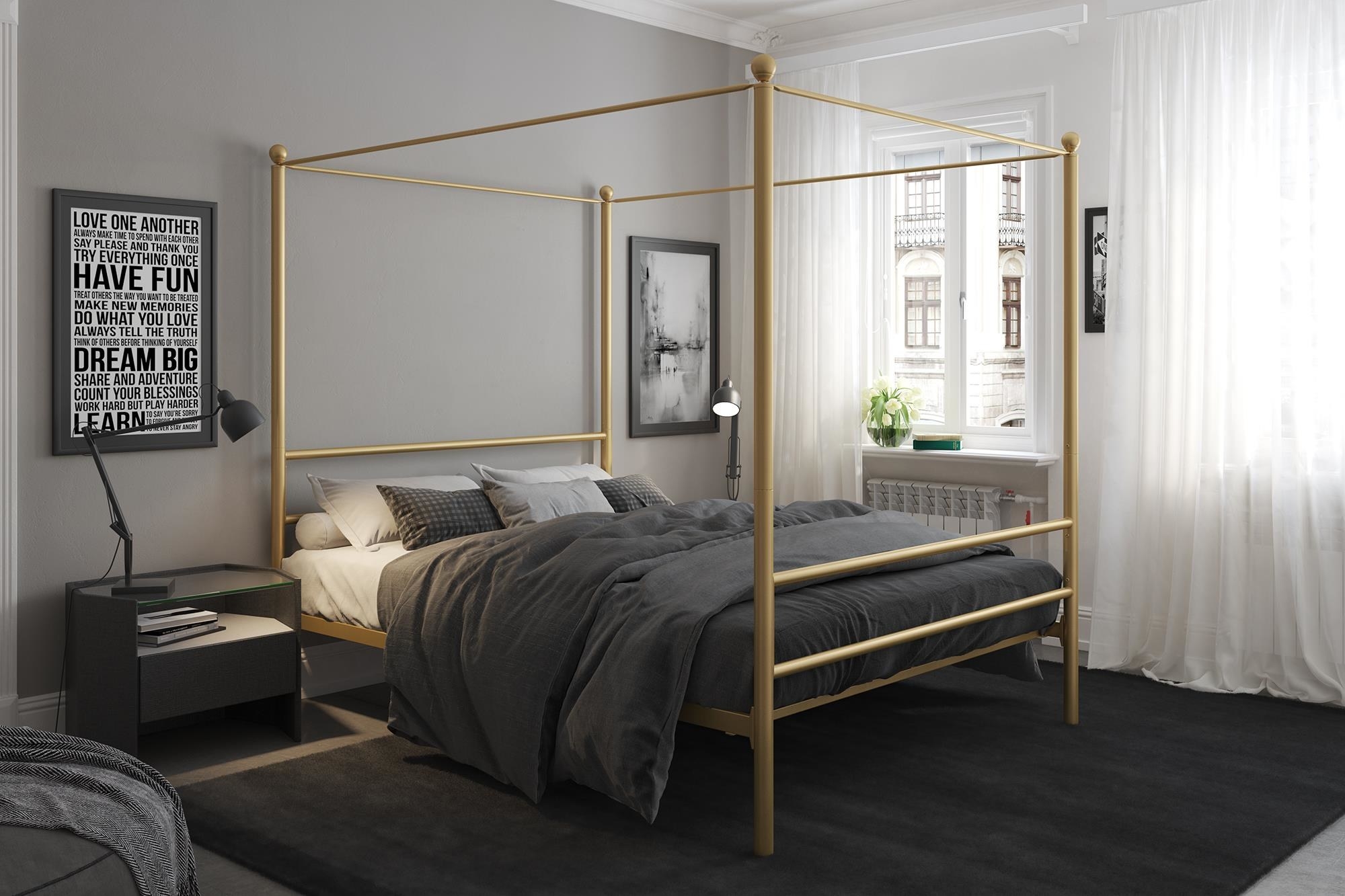 the gold bed made with grey linens