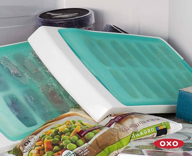 Two silicone ice cube trays and a bag of mixed vegetables in a freezer. OXO brand logo visible