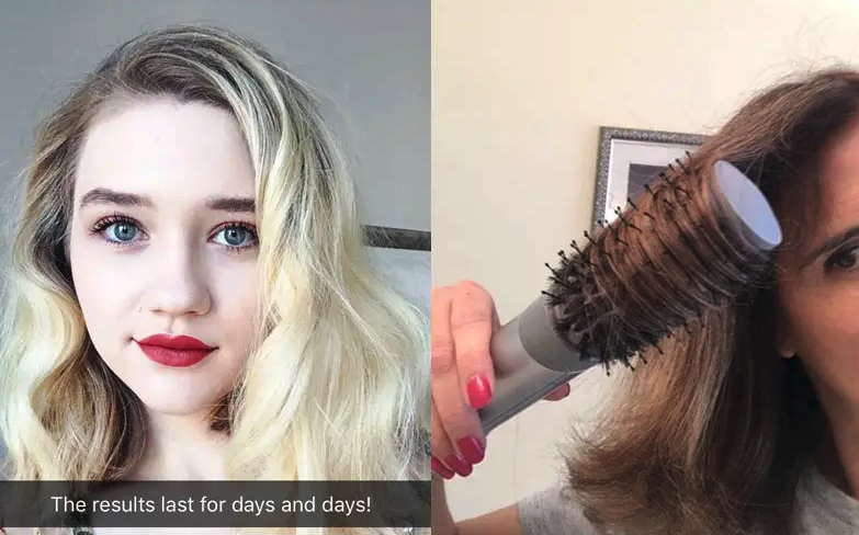 a buzzfeed editor with a fancy blow out next to a reviewer using the rounded brush