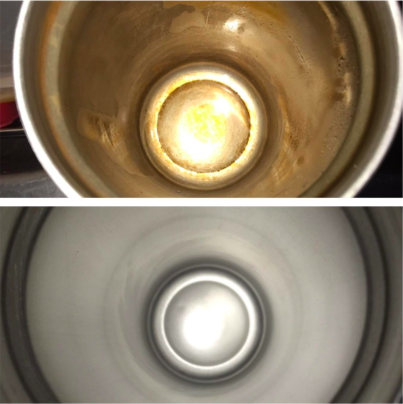 Above, the brown stained inside of a mug. Below, the inside looking silver like new