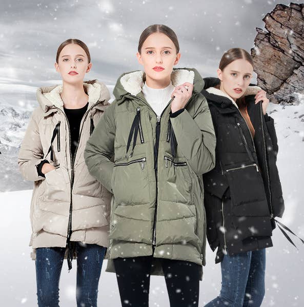 Models in three of the coat colors: beigey cream, sage green, and black