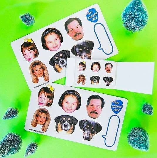 sticker sheets with cut-outs of peoples and dogs faces