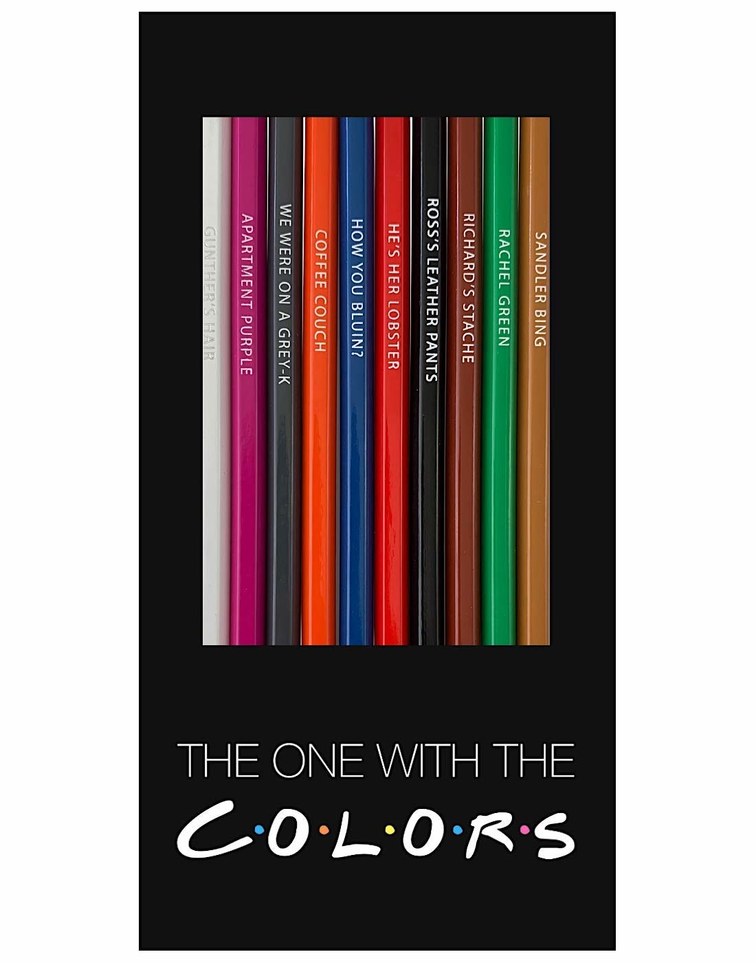 a package of colored pencils with memorable things from the show etched into them