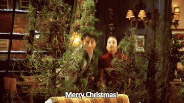 a gif of monica and joey saying merry christmas