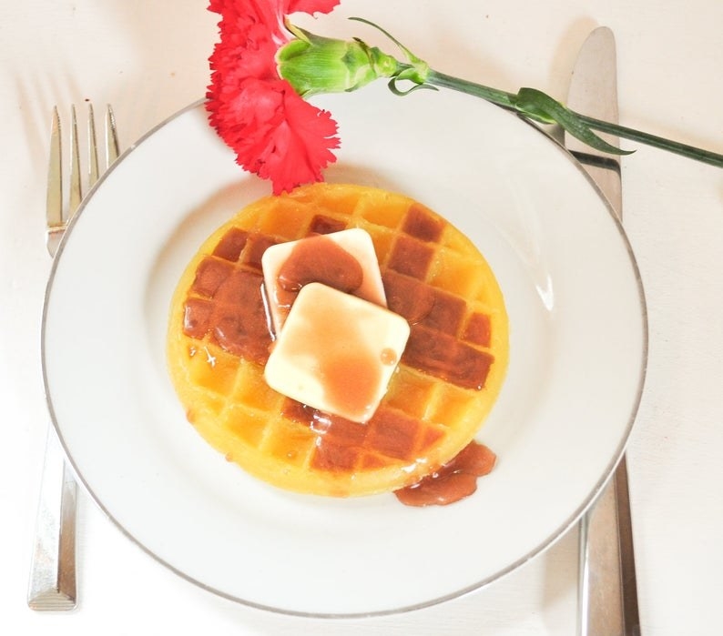 soap that looks like a waffle with two pats of butter and syrup