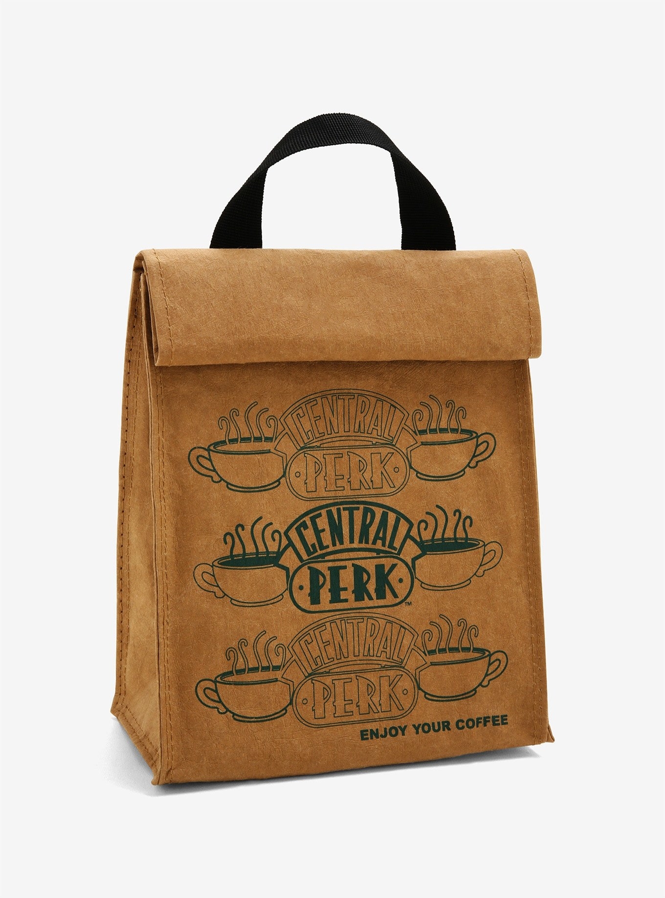 a lunch bag that looks like a brown bag with the central perk logo on it